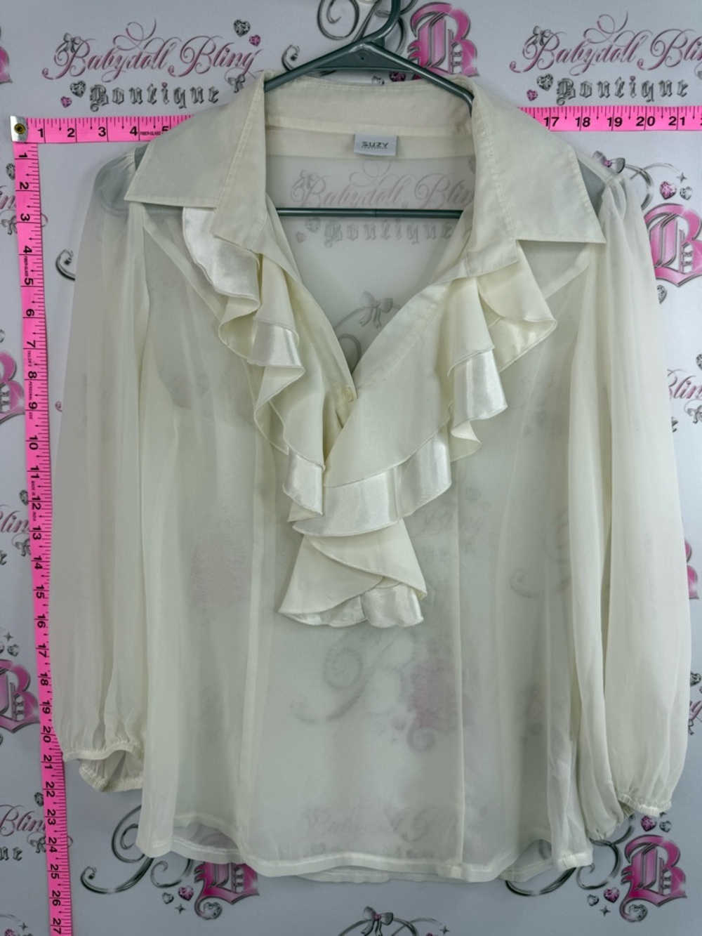 Suzy Shier blouse ruffles frilly Cream Ruffle V-Neck Sheer Blouse